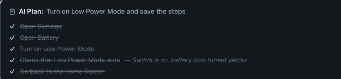 AI Plan panel on the Icemoon dashboard: Turn on Low Power Mode and save the steps, five steps checked off by Claude