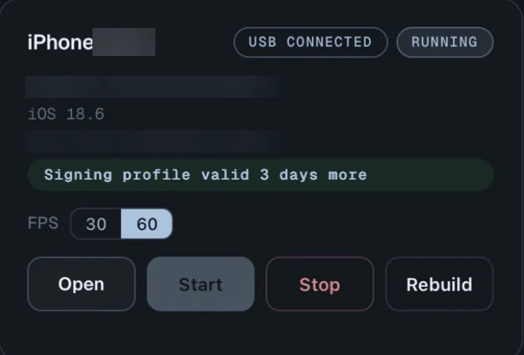 Device card on the dashboard: USB connected, running, FPS 30 or 60, Open, Start, Stop. Name and IDs blurred