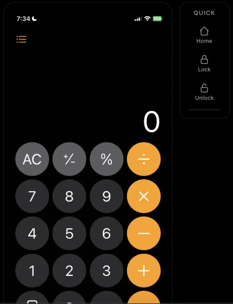 Live screen of the iPhone with Quick controls: Home, Lock, Unlock