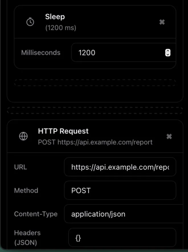 Sleep 1200 ms, then HTTP Request POST to a report endpoint