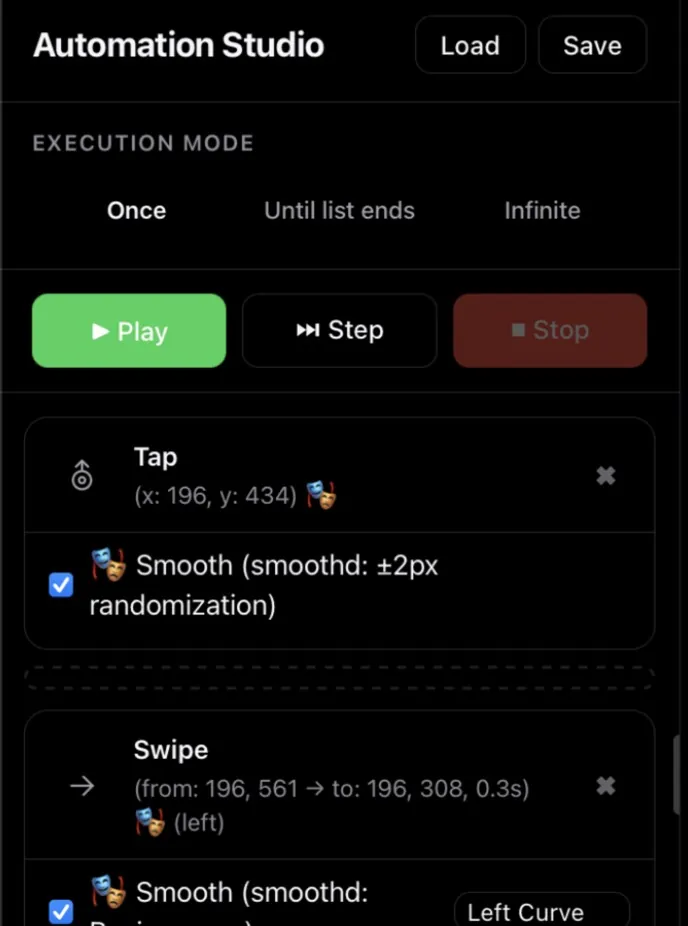 Automation Studio sidebar with the steps a recording produced: a Tap and a Swipe card