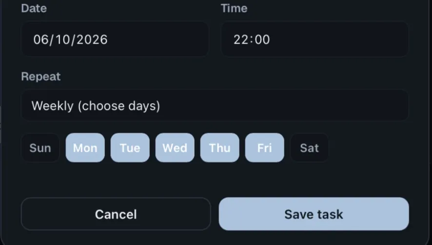 Schedule a task dialog: date, time, repeat weekly on Monday to Friday