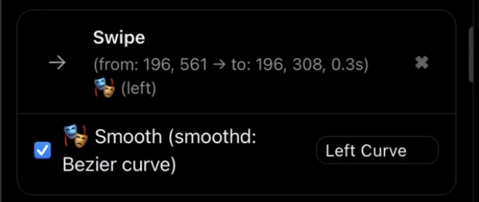 Recorded Swipe step with Smooth enabled: Bezier curve, Left Curve option