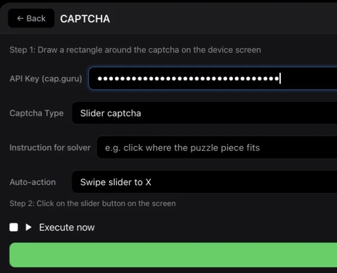 Solve Captcha form in Automation Studio: API key field, captcha type, solver instruction