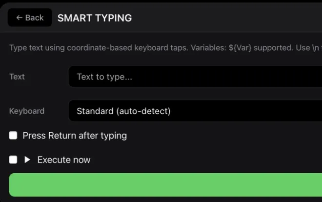 Smart Typing form: text with variables, keyboard type, press Return
