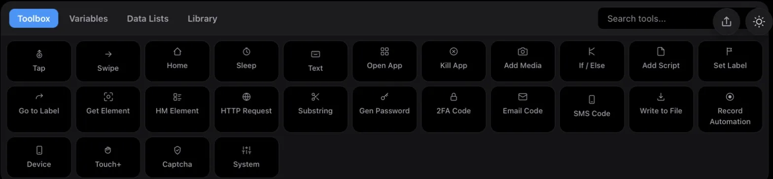 The Automation Studio toolbox: Tap, Swipe, Home, Sleep, Text, Open App, Kill App, Add Media, If / Else, Add Script, Set Label, Go to Label, Get Element, HM Element, HTTP Request, Substring, Gen Password, 2FA Code, Email Code, SMS Code, Write to File, Record Automation, Device, Touch+, Captcha, System